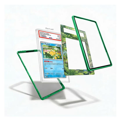 A clear acrylic protective case with a vibrant green border is shown displaying a graded Pokémon Parley trading card. The case is presented in a floating, exploded view showing three layers, with one layer featuring a green fern pattern insert.