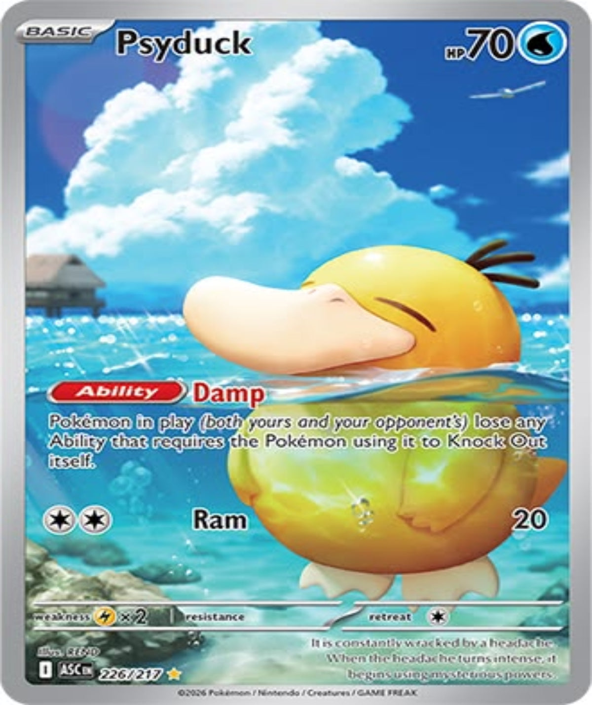 A Psyduck trading card from the Pokémon TCG, featuring the yellow duck floating in blue water with clouds in the sky. The card includes game text, HP of 70, and a silver border.
