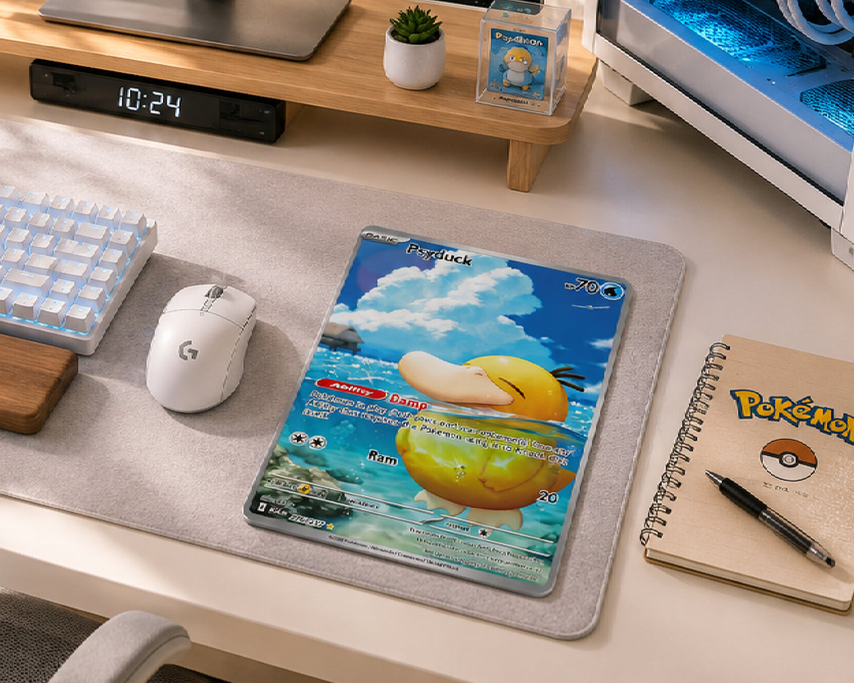 A Pokémon-themed desk mat featuring Charizard card art, styled on a light gray desk mat over a beige desk surface with a keyboard, mouse, notebook, and small plant in a home office setting.
