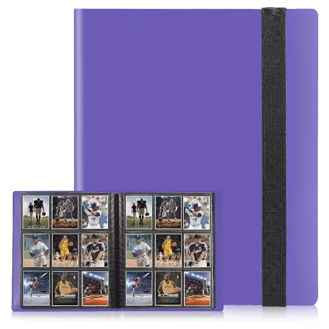 Purple trading card album with black binding containing various sports trading cards.