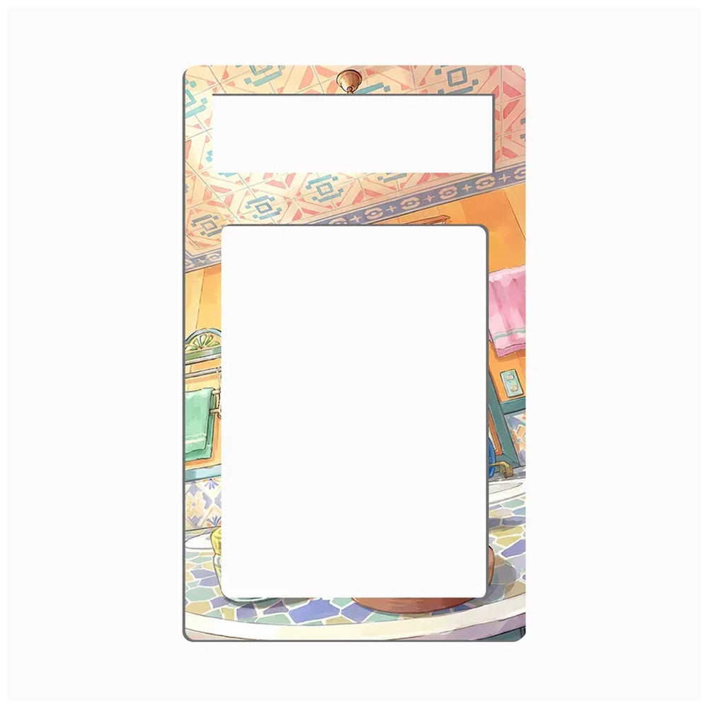 A decorative metal light switch plate cover featuring a colorful watercolor illustration of a cafe interior with geometric patterns, shown on a plain white background.