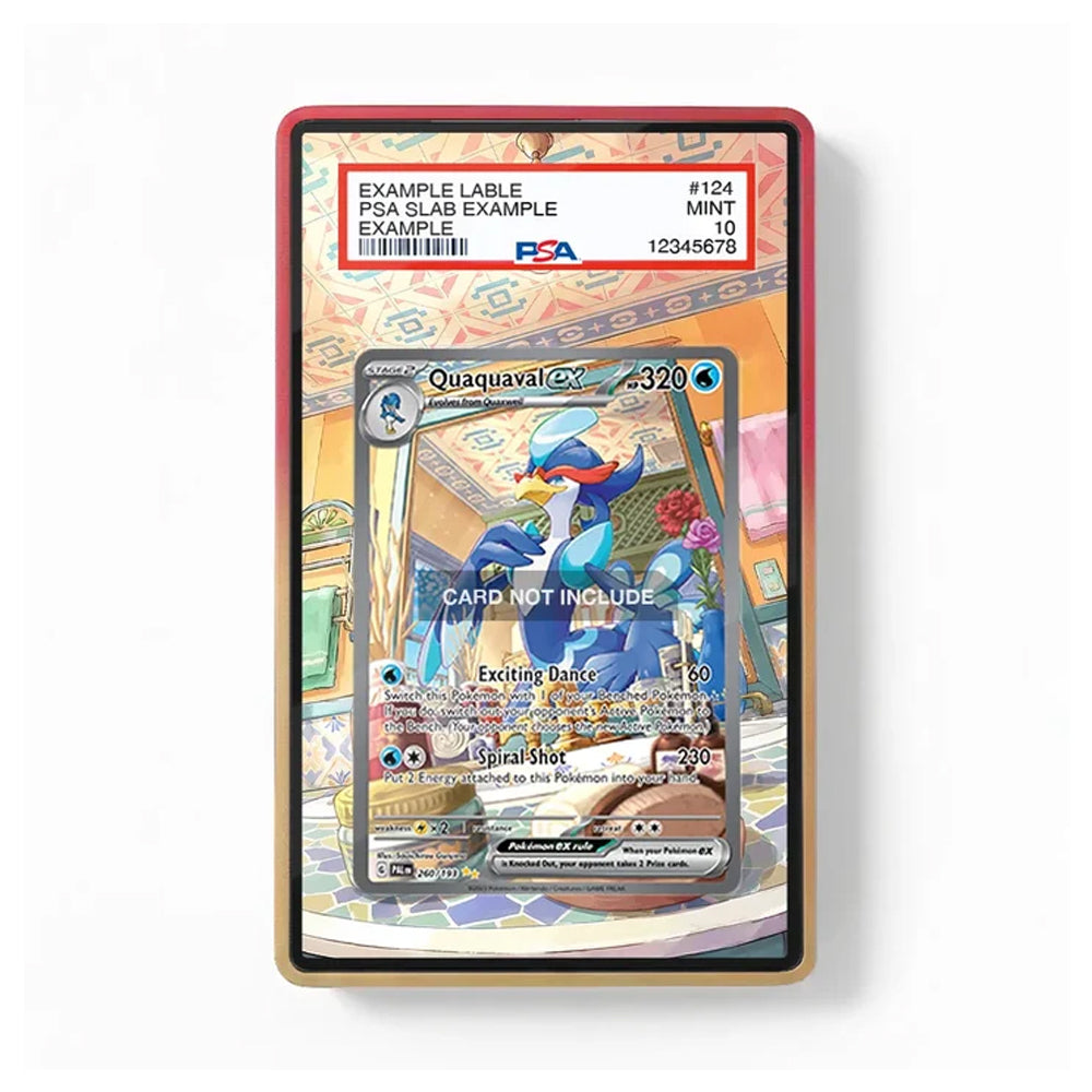 A PSA graded protective display case containing a Pokémon trading card, shown against a plain white background. The case has a red outer border and a gold inner frame, with a sample label at the top showing PSA grading details.