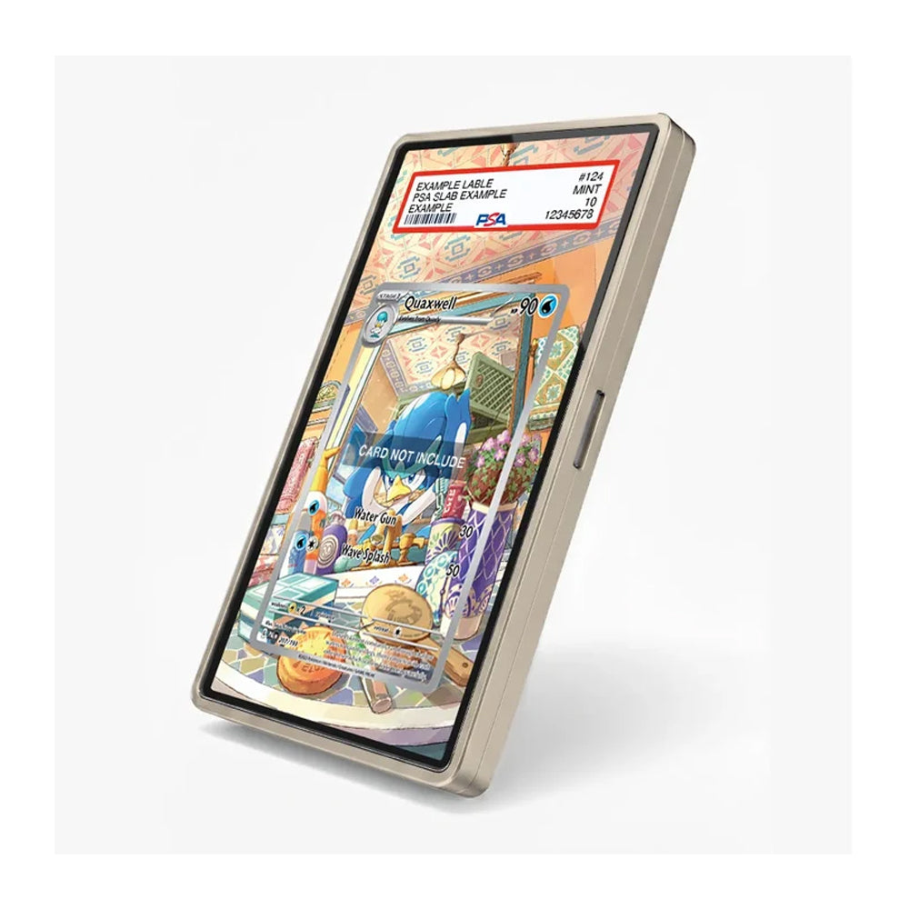 A smartphone shown at an angle on a light gray background, displaying a colorful illustrated card interface on its screen. The phone has a metallic silver frame.