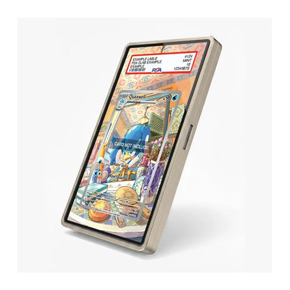 A smartphone shown at an angle on a light gray background, displaying a colorful illustrated card interface on its screen. The phone has a metallic silver frame.