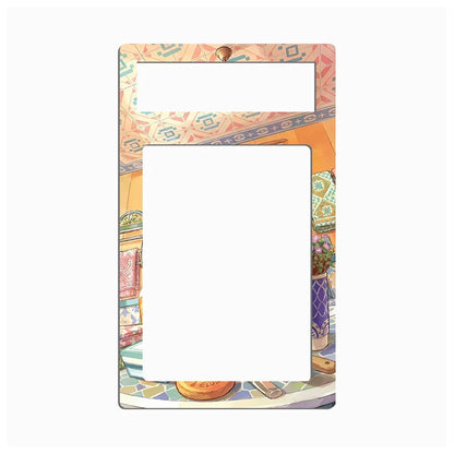 A decorative metal picture frame with a colorful Mediterranean-style patterned border and a central cutout, shown on a plain white background.