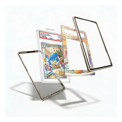 A clear acrylic display card frame with a metallic gold-toned border, shown in multiple angles floating against a white background. One frame is shown holding a graded Dragon Ball Z trading card, while others show the empty frame structure.