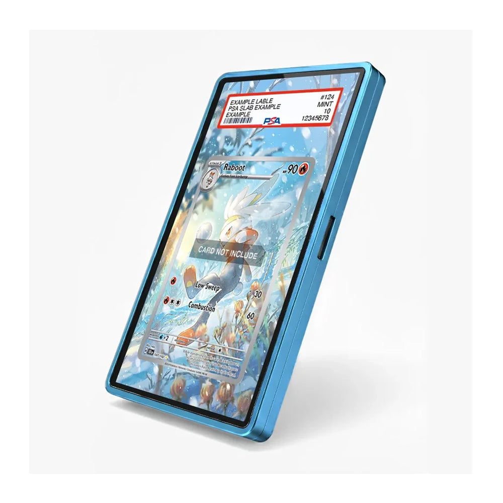 A blue protective phone case shown at an angle on a light gray background, with a Pokémon trading card displayed on the screen as a demo.