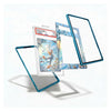 A clear acrylic display card sleeve with a blue metallic frame, shown holding a graded Pokémon card and surrounded by three additional empty sleeve panels on a clean white background.