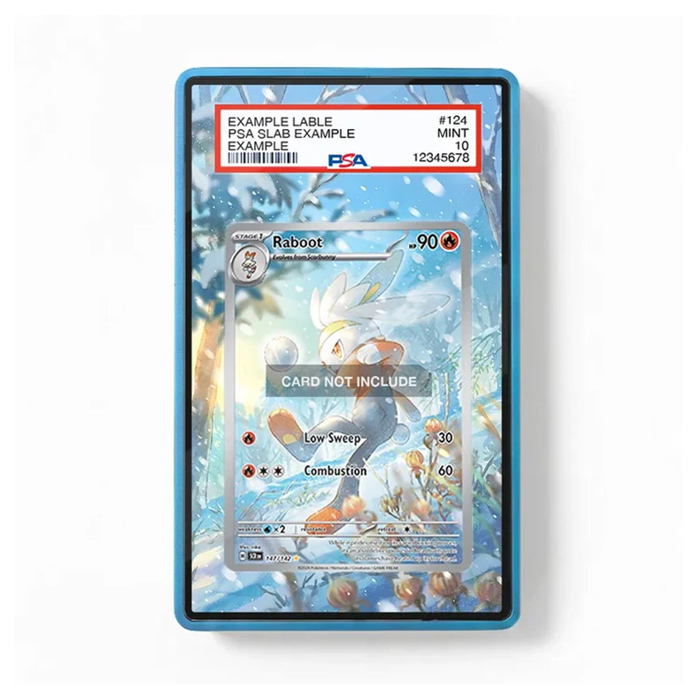 A PSA graded slab containing a Raboot Pokémon card, shown against a plain white background. The slab has a blue border and a red header with grading details.
