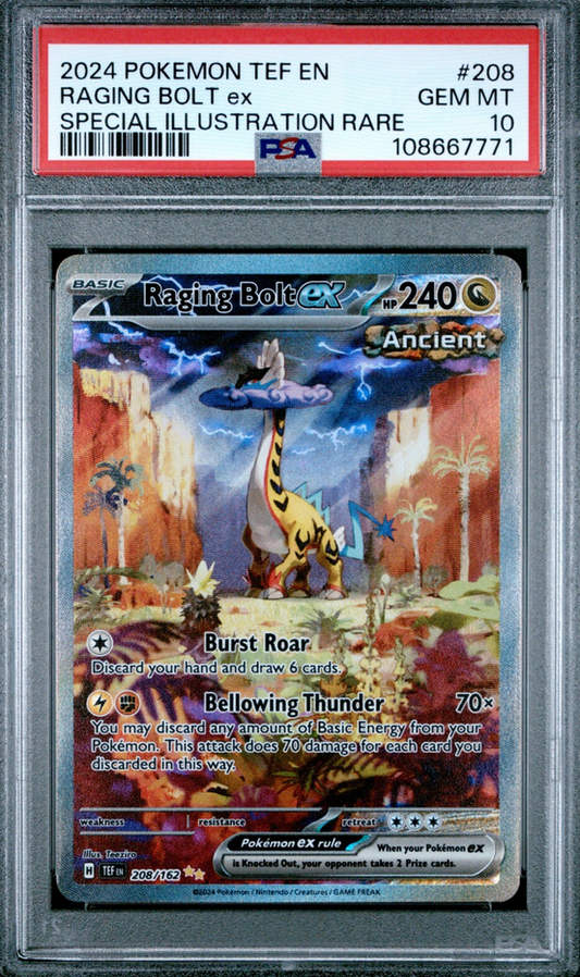 Pokémon trading card featuring Raging Bolt EX with PSA grading label