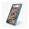 A blue protective phone case shown at an angle on a light gray background, with a sample Pokémon trading card displayed on the phone screen inside the case.