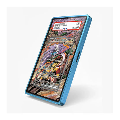 A blue protective phone case shown at an angle on a light gray background, with a sample Pokémon trading card displayed on the phone screen inside the case.