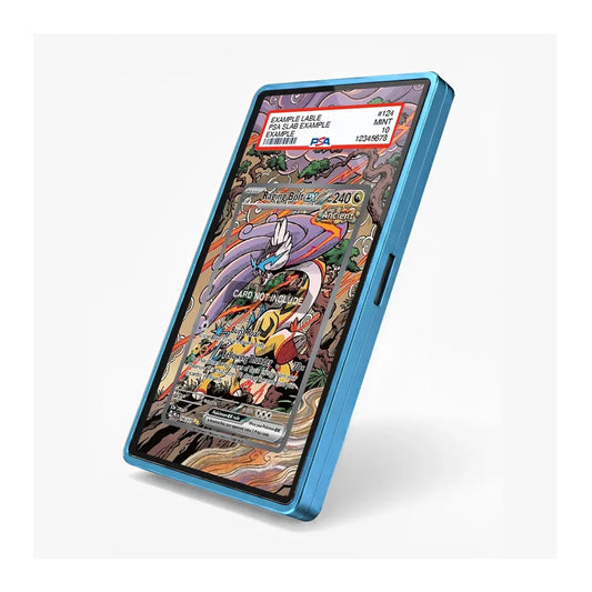 A blue protective phone case shown at an angle on a light gray background, with a sample Pokémon trading card displayed on the phone screen inside the case.