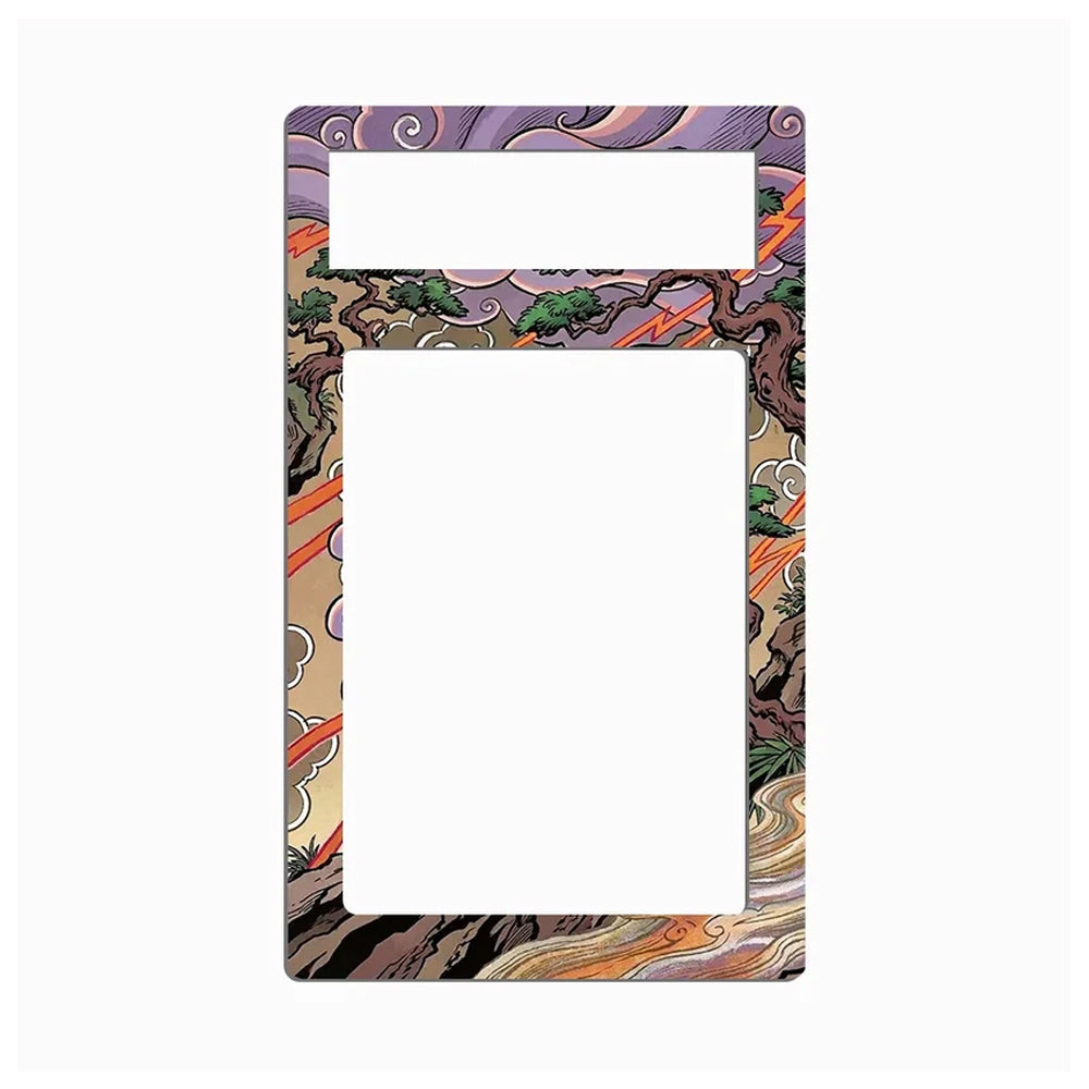 A decorative phone case or frame with a Japanese-style border pattern featuring a bonsai tree, clouds, and flowing waves in purple, orange, green, brown, and beige tones, shown on a plain white background.
