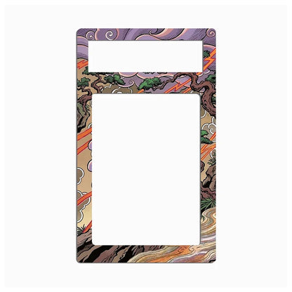 A decorative phone case or frame with a Japanese-style border pattern featuring a bonsai tree, clouds, and flowing waves in purple, orange, green, brown, and beige tones, shown on a plain white background.