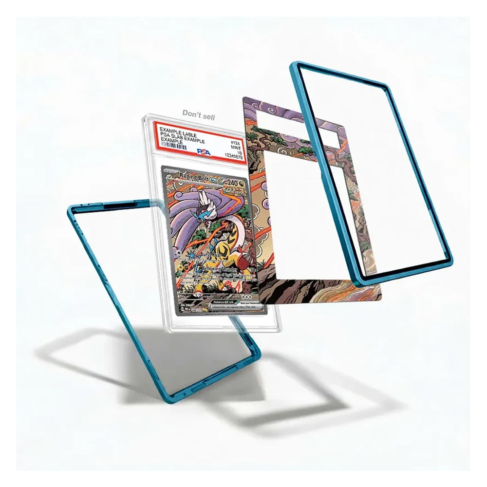 Three clear protective card sleeves with metallic blue edges are shown floating around a graded Pokémon TCG card on a white background.