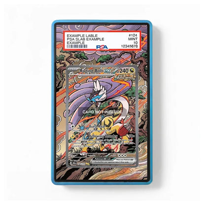 A PSA graded collectible card slab with a blue border, containing a sample Pokémon card. The slab has a white header card at the top with grading details, and the entire slab is photographed against a clean white background.