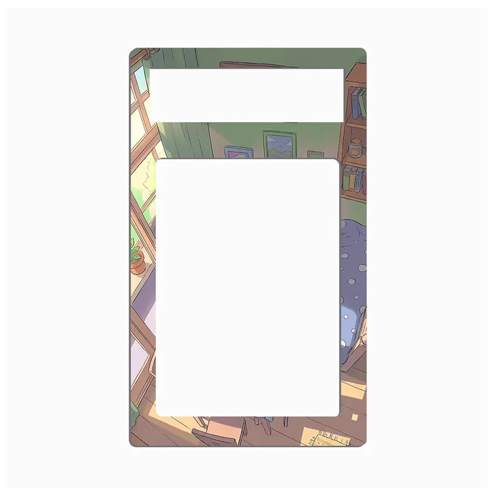 A rectangular decorative plate or sign with rounded corners, featuring an illustrated interior scene with a large blank white center and a smaller blank white top section, set against a light gray background.