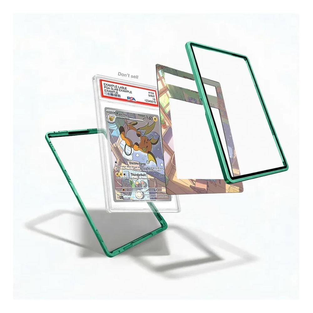 Three transparent acrylic card protectors with green edges are shown floating around a graded Pokémon TCG card on a clean white background.
