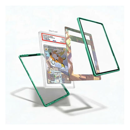 Three transparent acrylic card protectors with green edges are shown floating around a graded Pokémon TCG card on a clean white background.