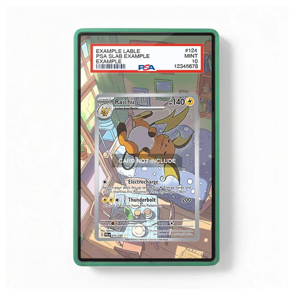 A graded PSA-style collectible card slab containing a Rancho Pokémon card, shown against a plain white background. The slab has a translucent green border and a red top label with grading details.