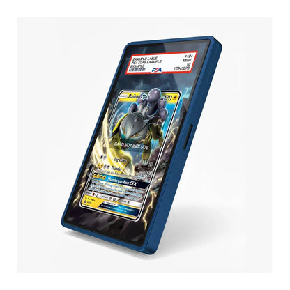 A blue protective phone case shown at an angle on a light gray background, with a sample Pokémon trading card displayed on the screen.