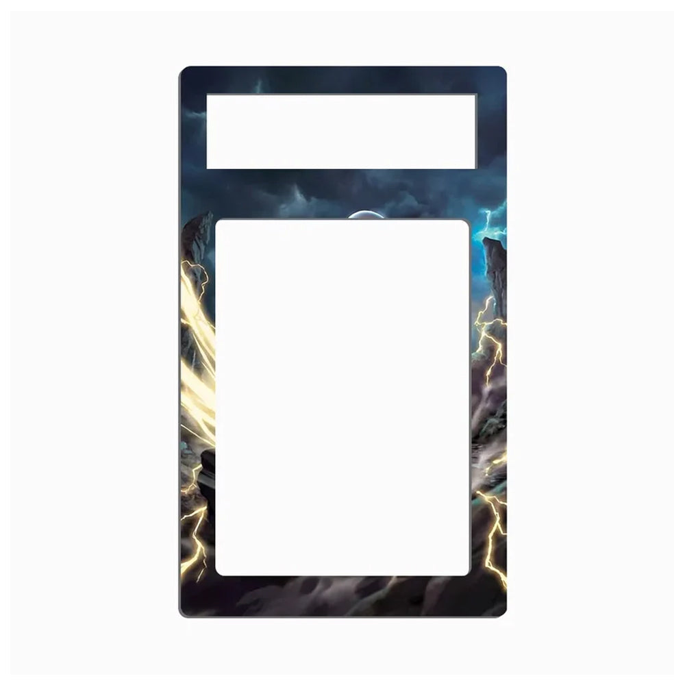 A double-gang outlet cover plate featuring a dramatic storm illustration with dark blue clouds and bright yellow lightning bolts, shown on a plain white background.