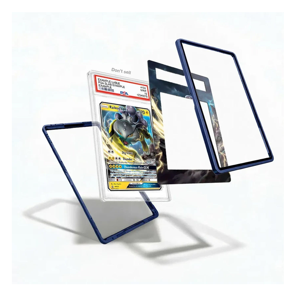Three clear acrylic card protectors with dark blue borders are displayed on a white background, with one protector holding a graded Pokémon TCG card and the others shown empty.