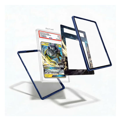 Three clear acrylic card protectors with dark blue borders are displayed on a white background, with one protector holding a graded Pokémon TCG card and the others shown empty.