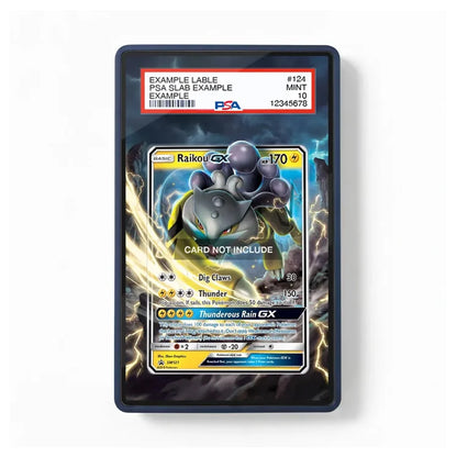 A PSA graded protective case containing a Raikou GX trading card, shown against a plain white background. The top of the case has a PSA slab label with example text and grading details.