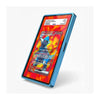 A blue protective smartphone case shown at an angle on a light gray background, with a colorful sample Pokémon card displayed on the phone screen inside the case.
