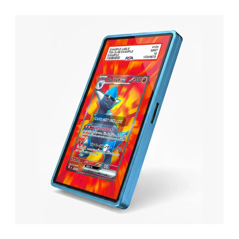 A blue protective smartphone case shown at an angle on a light gray background, with a colorful sample Pokémon card displayed on the phone screen inside the case.
