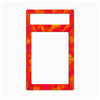 A rectangular decorative frame or border with rounded corners, featuring a vibrant red and orange sunburst pattern. The top section has a smaller horizontal slot, and the lower section is a larger vertical slot, both filled with a solid white color.