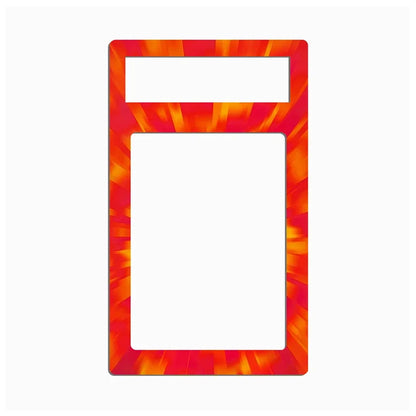 A rectangular decorative frame or border with rounded corners, featuring a vibrant red and orange sunburst pattern. The top section has a smaller horizontal slot, and the lower section is a larger vertical slot, both filled with a solid white color.
