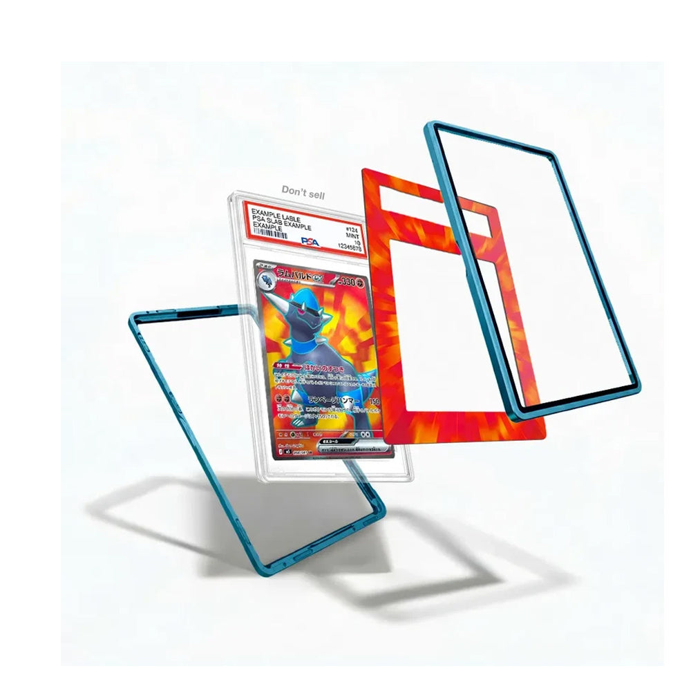 Three transparent acrylic card protectors in blue, red-orange, and clear are displayed around a graded Pokémon TCG card on a white background.