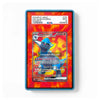 A holographic collectible card featuring a blue creature on a red and orange burst background, housed in a blue protective case. The card has a PSA grading label at the top and a 'CARD NOT INCLUDE' overlay.