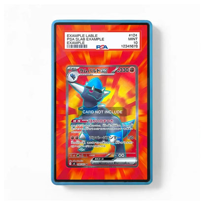A holographic collectible card featuring a blue creature on a red and orange burst background, housed in a blue protective case. The card has a PSA grading label at the top and a 'CARD NOT INCLUDE' overlay.