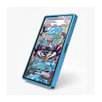 A blue protective phone case shown at an angle on a light gray background, with a colorful Pokémon card game screen visible inside the phone.