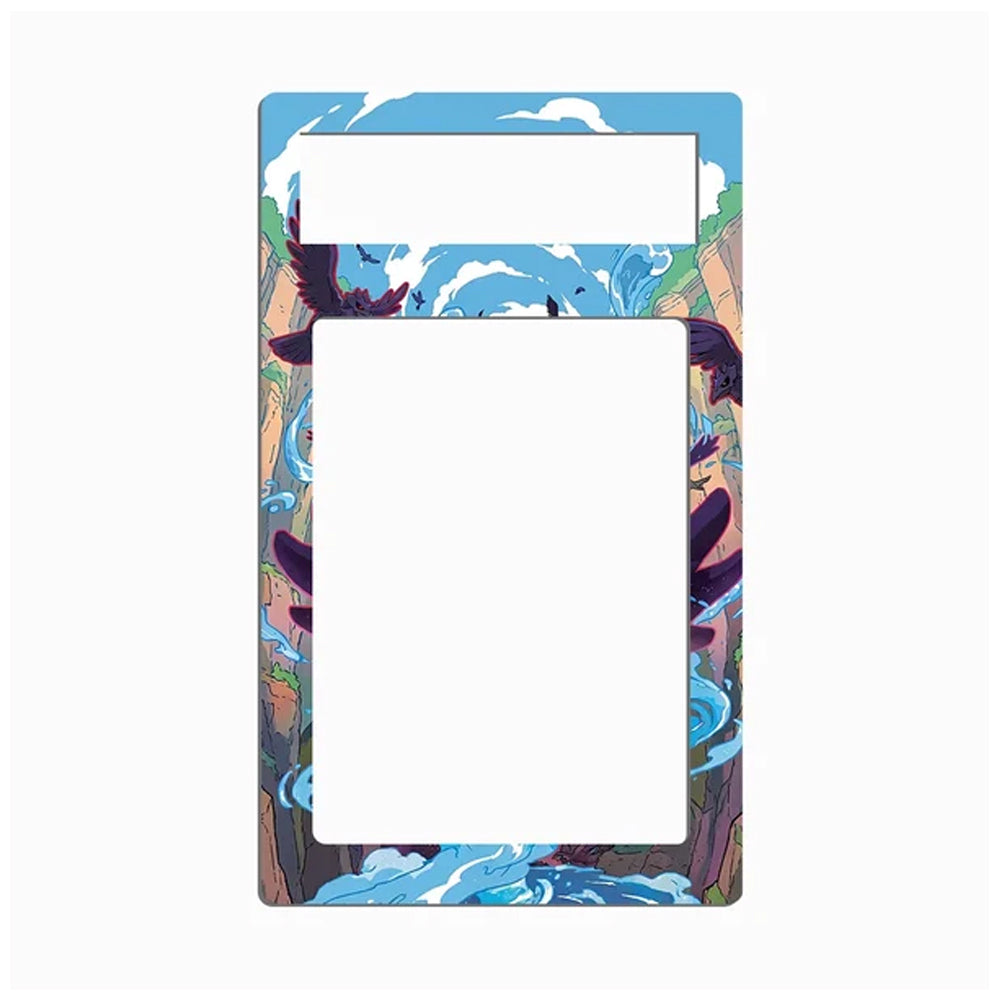 A rectangular decorative frame or magnet with a large blank white center and a colorful illustrated border featuring blue water, purple figures, and warm landscape tones on a light gray background.