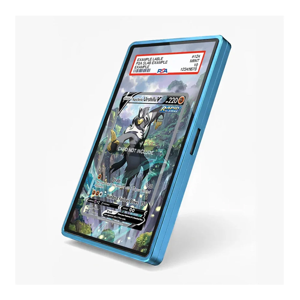 A blue protective case for a smartphone, shown standing upright at an angle. The screen of the phone displays a Pokémon card game interface with a sample card.