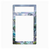 A rectangular picture frame with rounded corners featuring an illustrated fantasy landscape border. The design shows green cliffs, waterfalls, and a cloudy sky in soft blue, purple, and green tones.