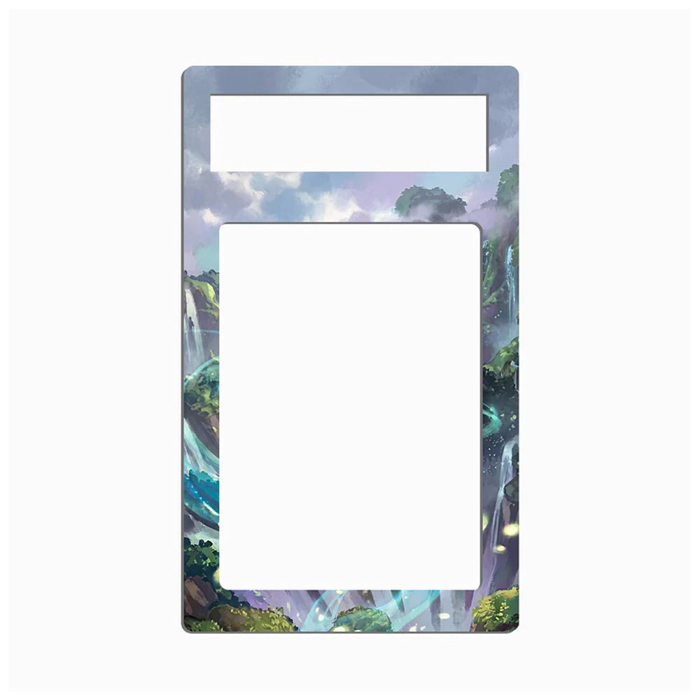 A rectangular picture frame with rounded corners featuring an illustrated fantasy landscape border. The design shows green cliffs, waterfalls, and a cloudy sky in soft blue, purple, and green tones.