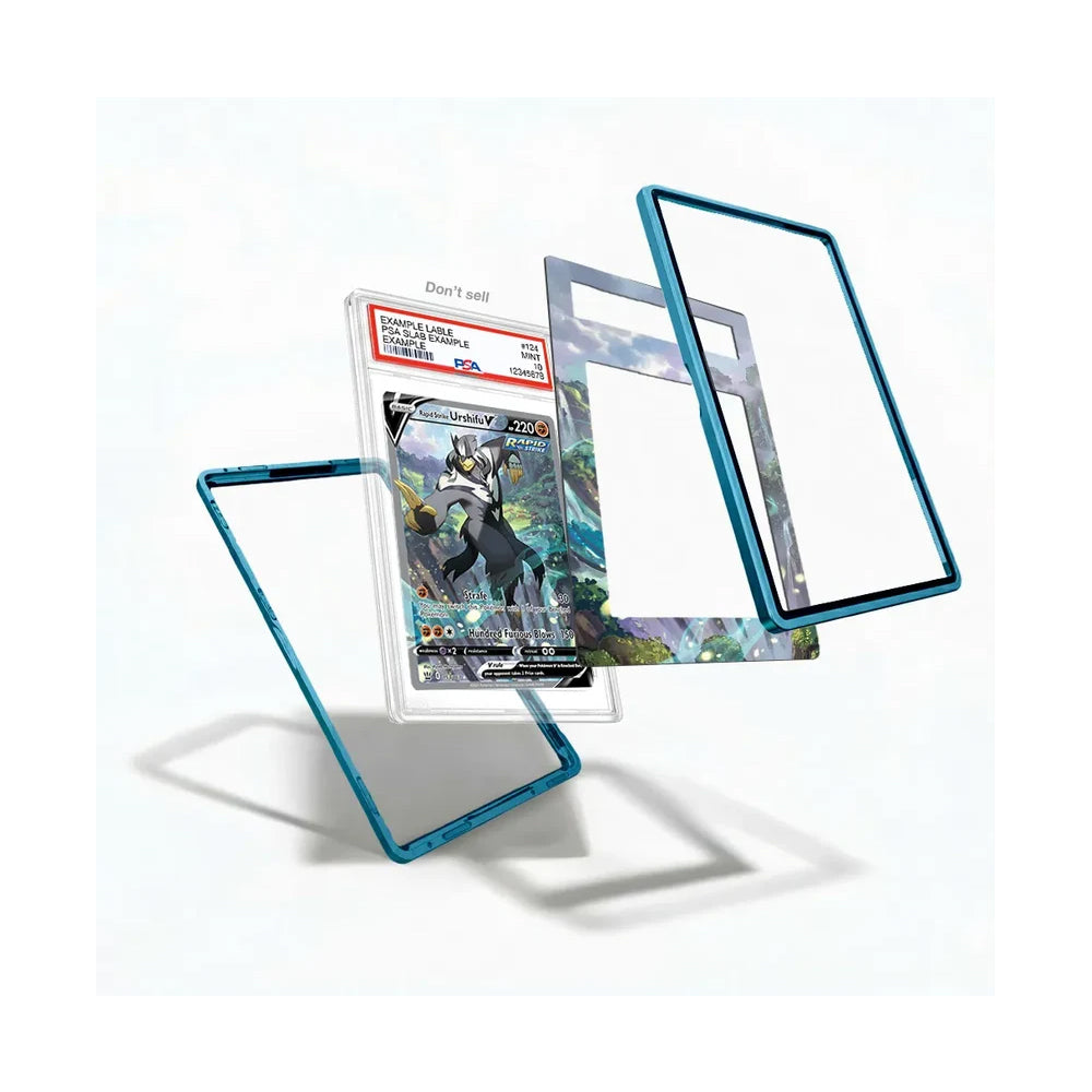 Three clear protective glass or acrylic frames with blue marbled edges are shown floating around a graded trading card in a plastic holder on a white background.