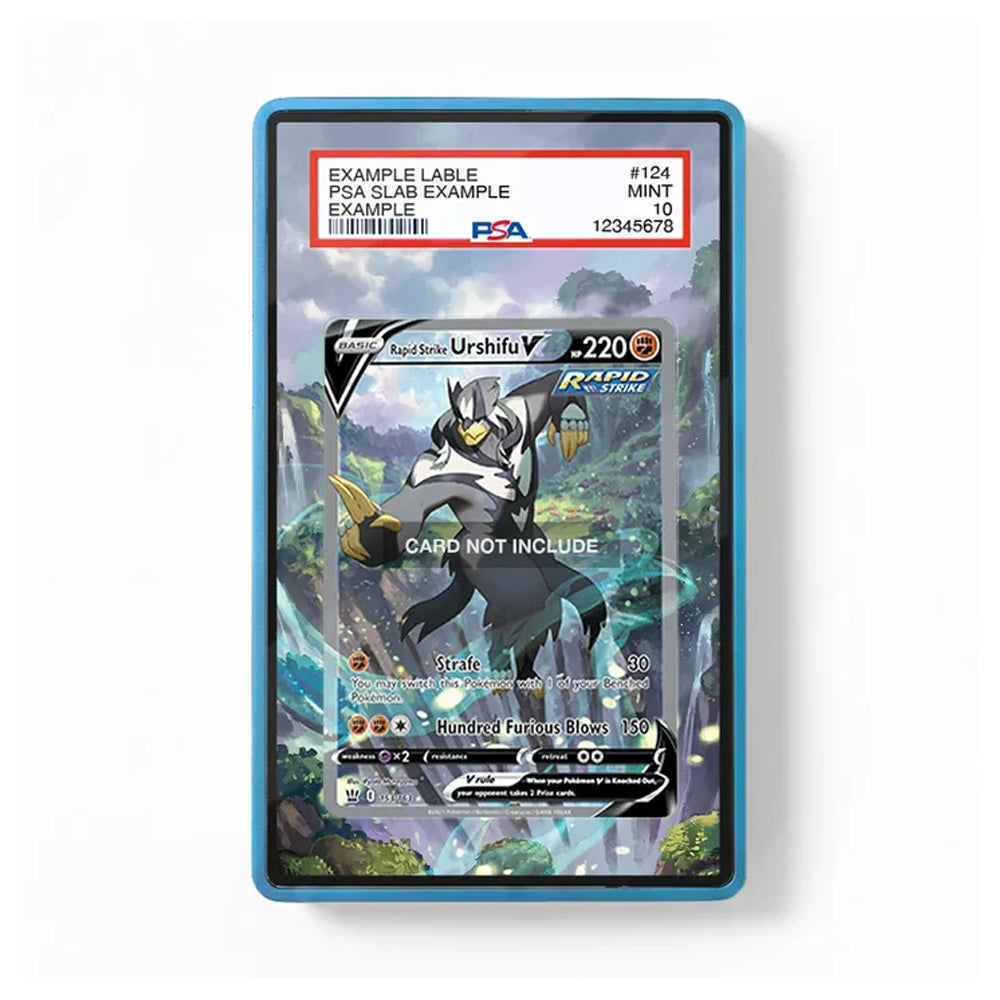 A PSA graded protective card case containing a Pokémon TCG card featuring Urshifu, shown against a plain white background. The blue case has a clear top window displaying the graded slab and label from PSA.
