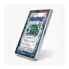 A silver-framed tablet or e-reader device shown at an angle on a light gray background, displaying a Pokémon card game screen with a blue and white card interface and a red PSA authentication label at the top.