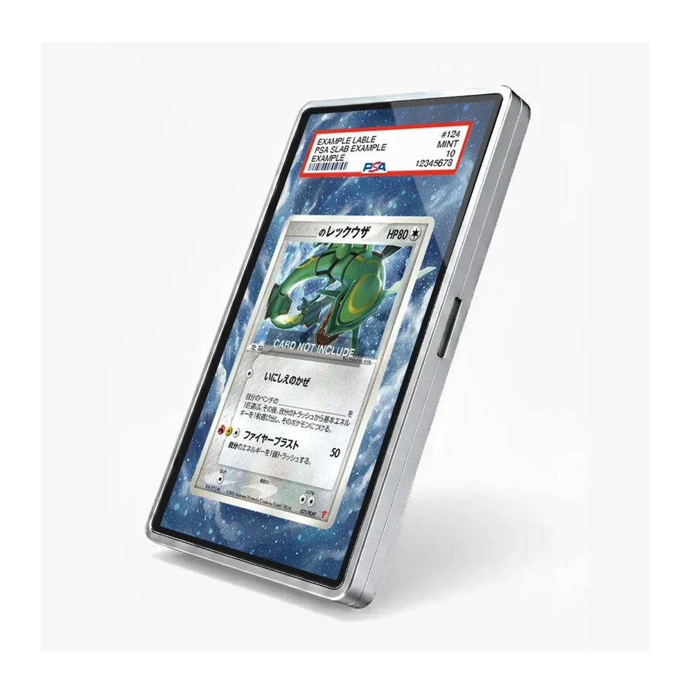 A silver-framed tablet or e-reader device shown at an angle on a light gray background, displaying a Pokémon card game screen with a blue and white card interface and a red PSA authentication label at the top.