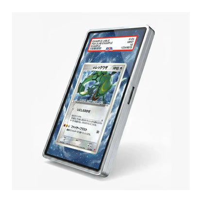 A silver-framed tablet or e-reader device shown at an angle on a light gray background, displaying a Pokémon card game screen with a blue and white card interface and a red PSA authentication label at the top.
