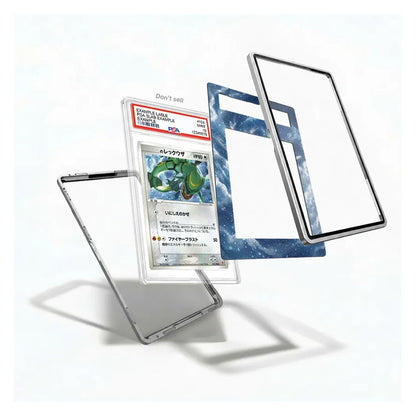 A clear protective case frame and a blue-and-white patterned insert are shown alongside a graded Pokémon card in a plastic holder, arranged on a clean white background.