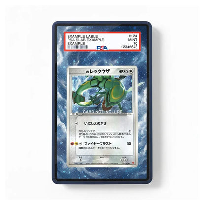 A PSA-graded display card featuring a green dragon illustration, shown in a clear protective case with a blue border on a white background. The top label includes a PSA slab certification area and example text.