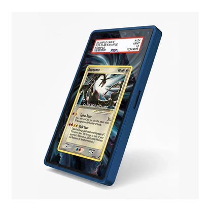 A blue protective case holding a graded PSA-style collectible card, shown standing upright on a light gray background. The card features artwork and text for a Magikarp, with a red and white label at the top indicating grading details.